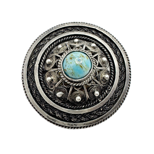 Israel. Vintage Sterling 935 Silver Filigree Turquoise Brooch.