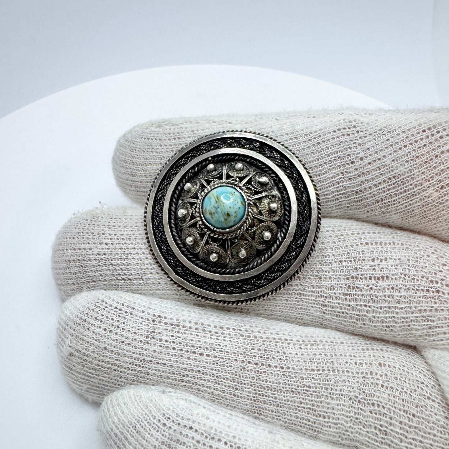 Israel. Vintage Sterling 935 Silver Filigree Turquoise Brooch.