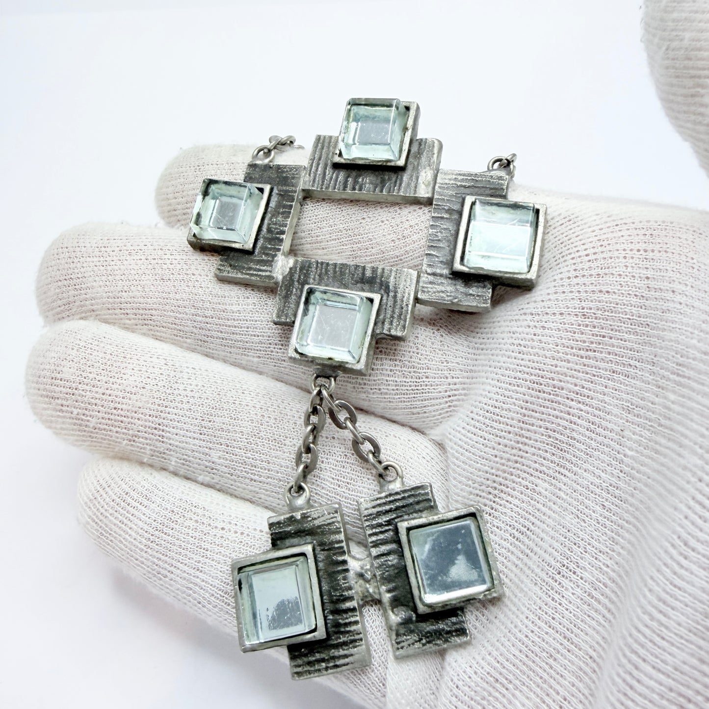 Sweden 1970s. Bold Vintage Brutalist Pewter Blue Resin Pendant Necklace.
