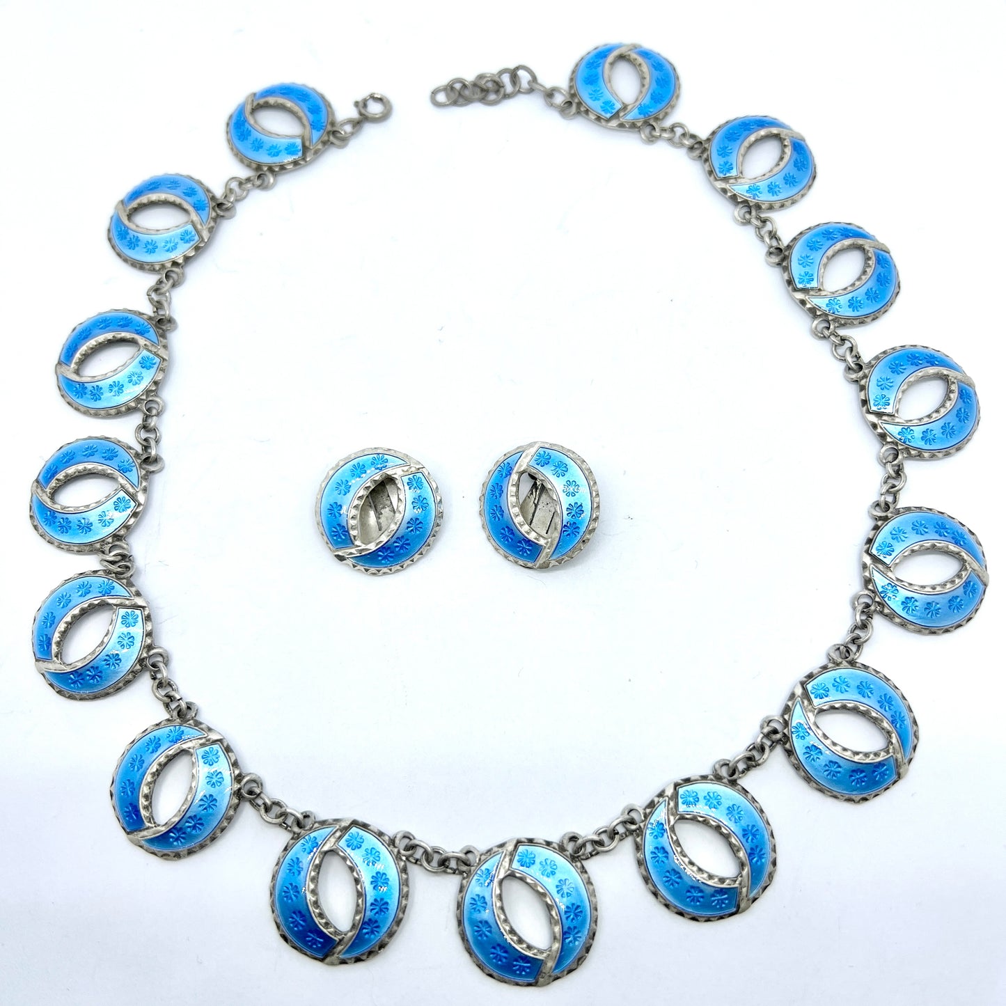 Andresen & Scheinpflug, Norway c 1950s. Sterling Silver Blue Enamel Necklace + Earrings.