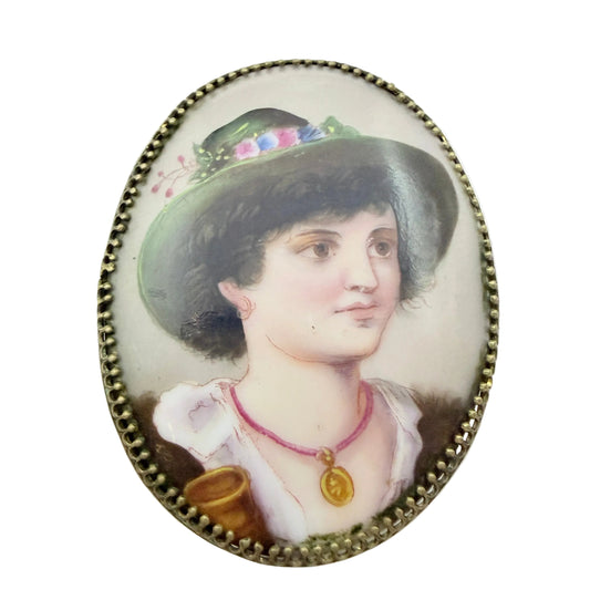 Antique ca 1900. Painted Porcelain Portrait Bronze Large Brooch.