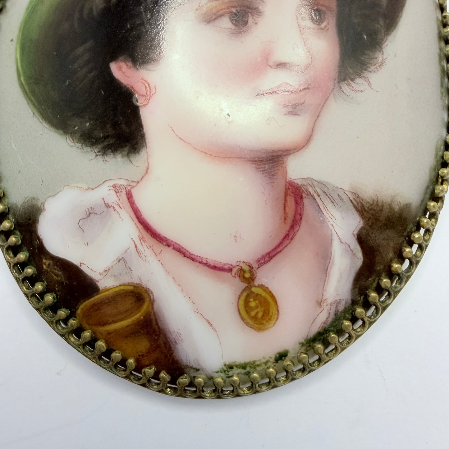 Antique ca 1900. Painted Porcelain Portrait Bronze Large Brooch.