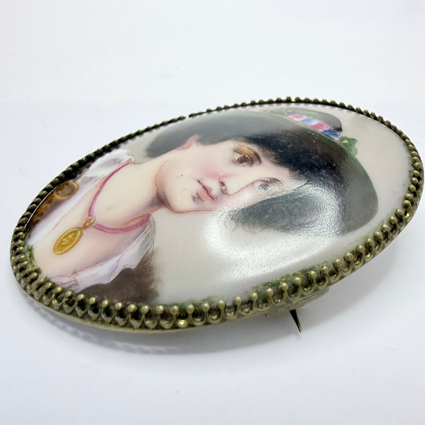 Antique ca 1900. Painted Porcelain Portrait Bronze Large Brooch.