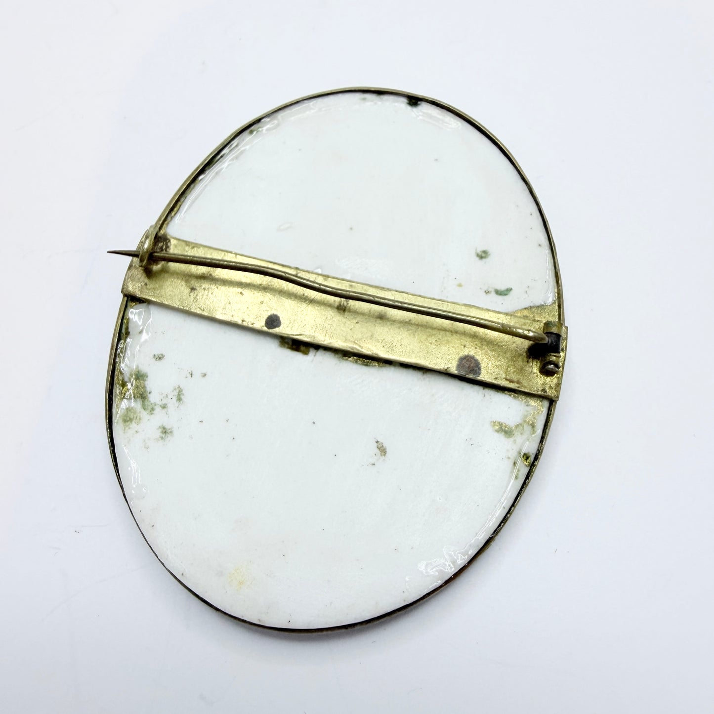Antique ca 1900. Painted Porcelain Portrait Bronze Large Brooch.