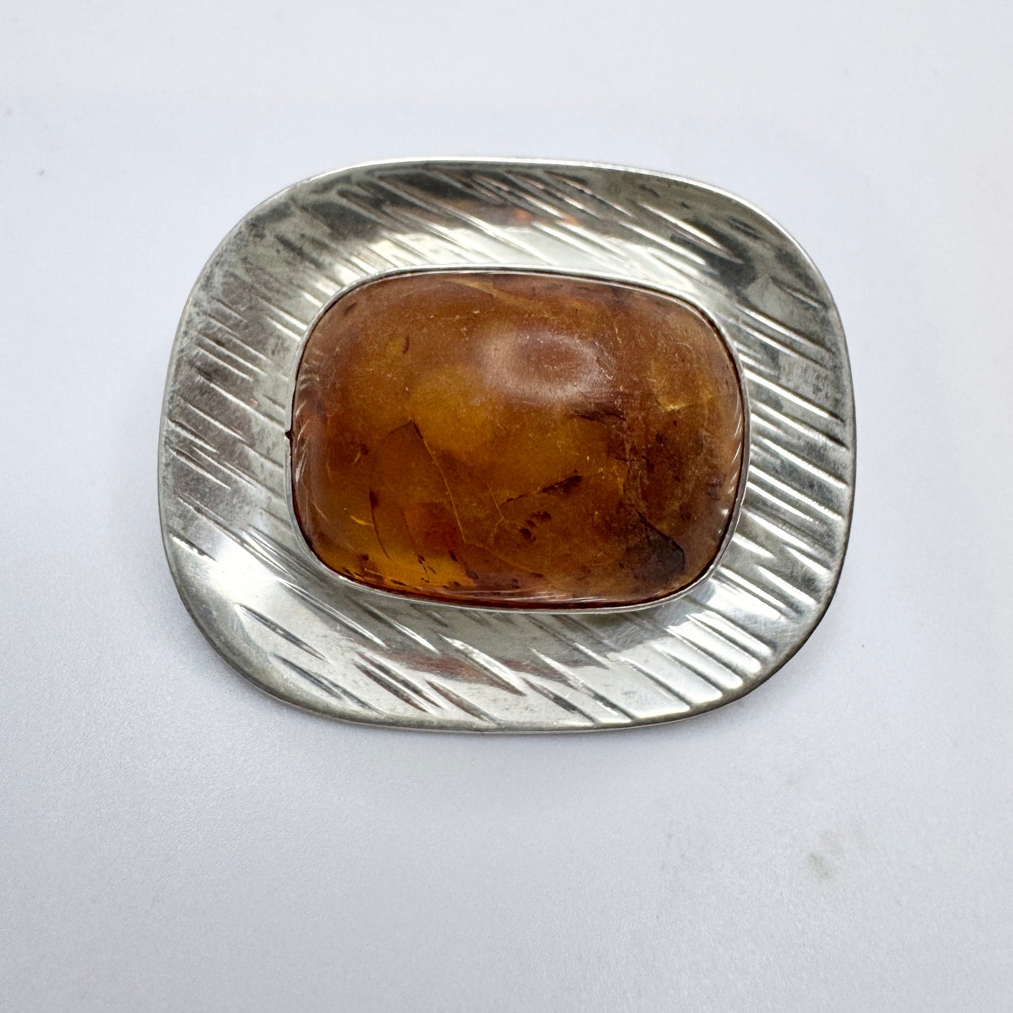 Germany. Vintage Solid Silver Amber Brooch. Handarbeit.