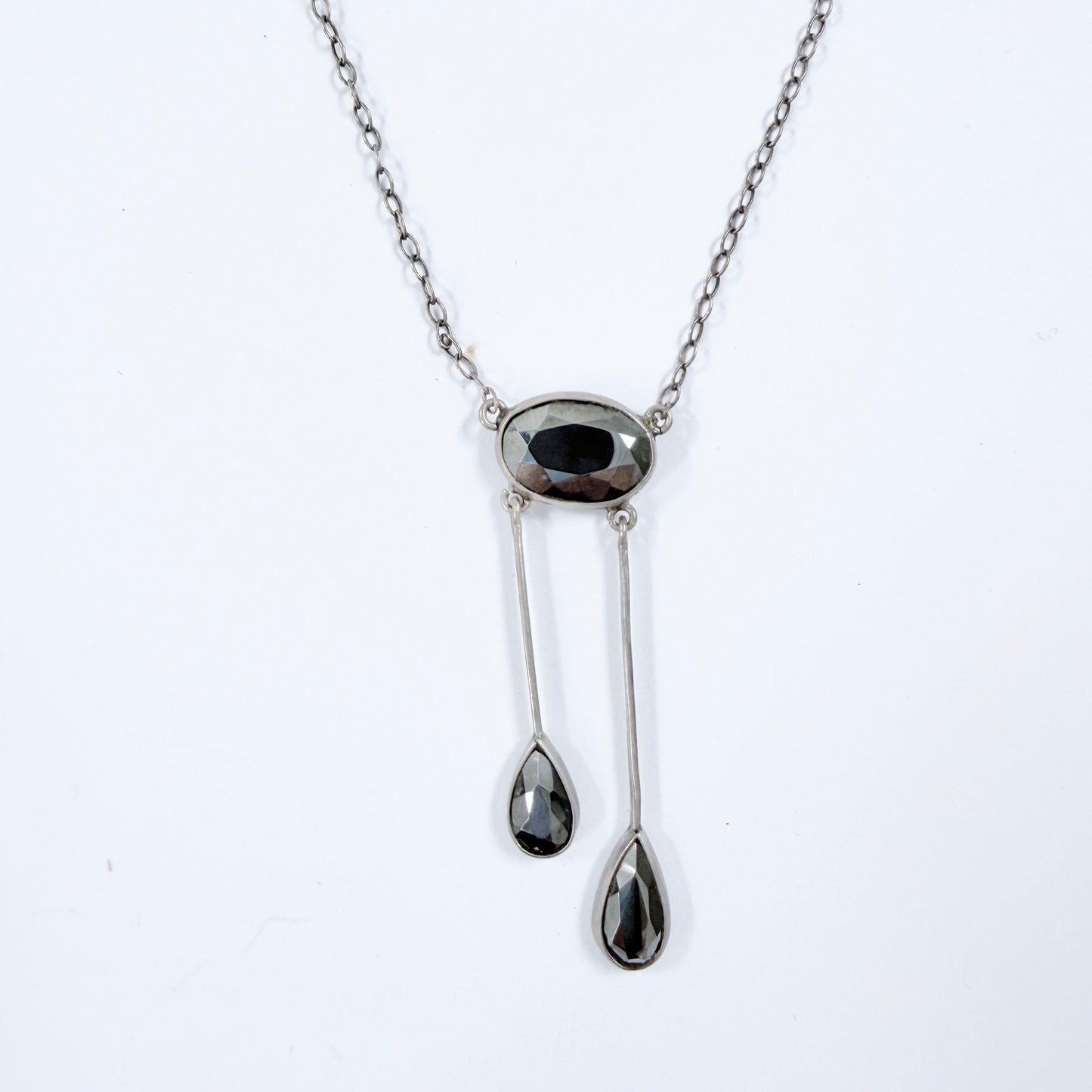 Antique ca 1920 Solid Silver Hematite Négligée Necklace.