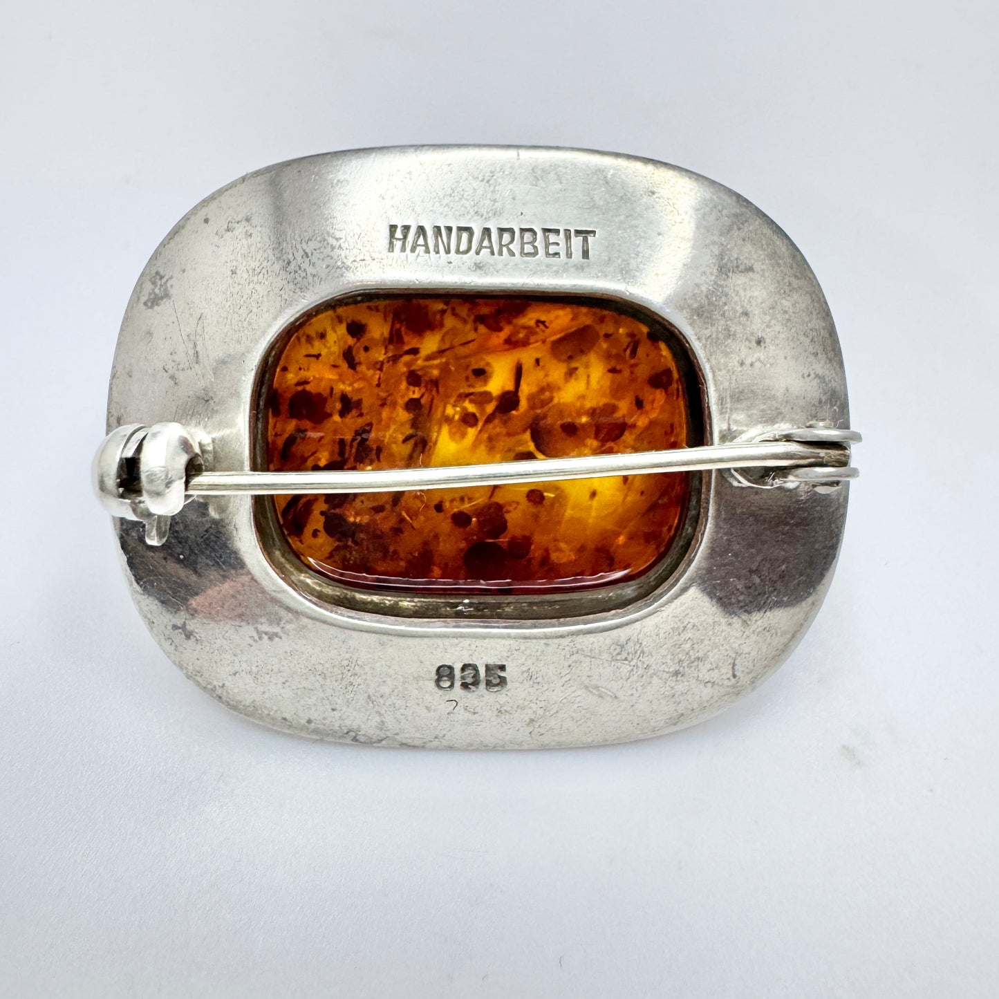 Germany. Vintage Solid Silver Amber Brooch. Handarbeit.