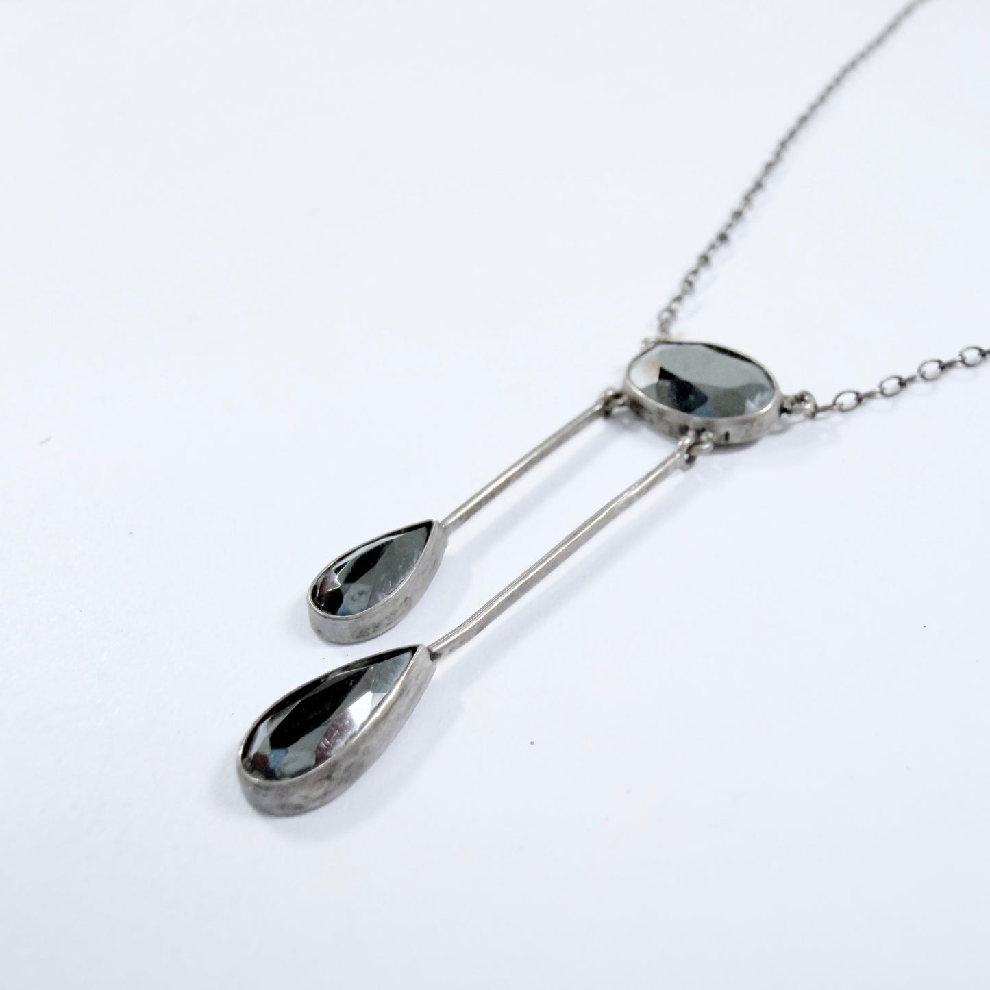 Antique ca 1920 Solid Silver Hematite Négligée Necklace.