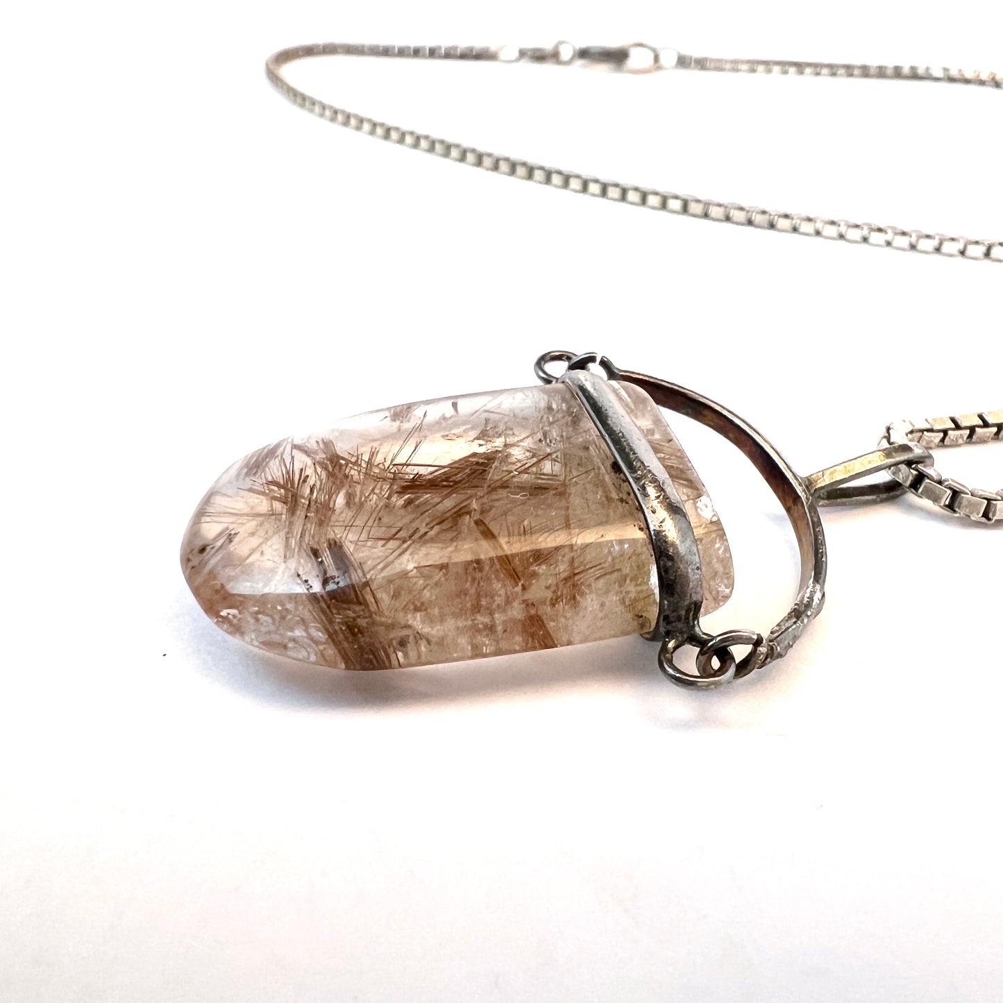 Vintage Sterling Silver Rutilated Quartz Pendant Necklace.