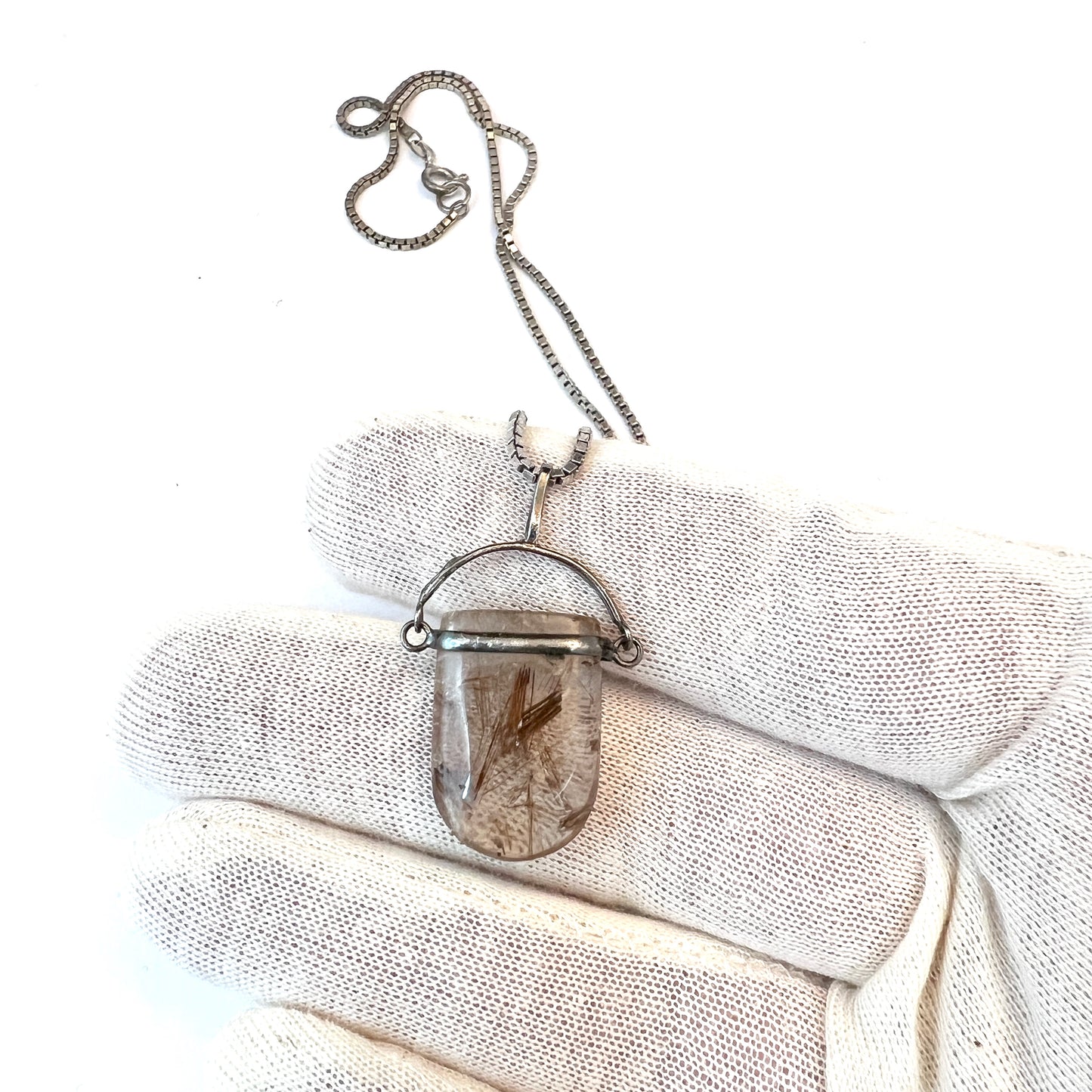 Vintage Sterling Silver Rutilated Quartz Pendant Necklace.