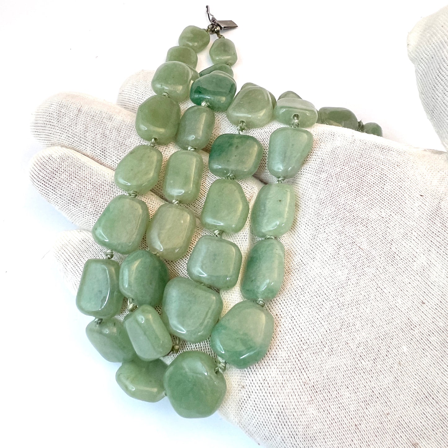 Vintage 1940-50s Two Strand Aventurine Silver Clasp Necklace.