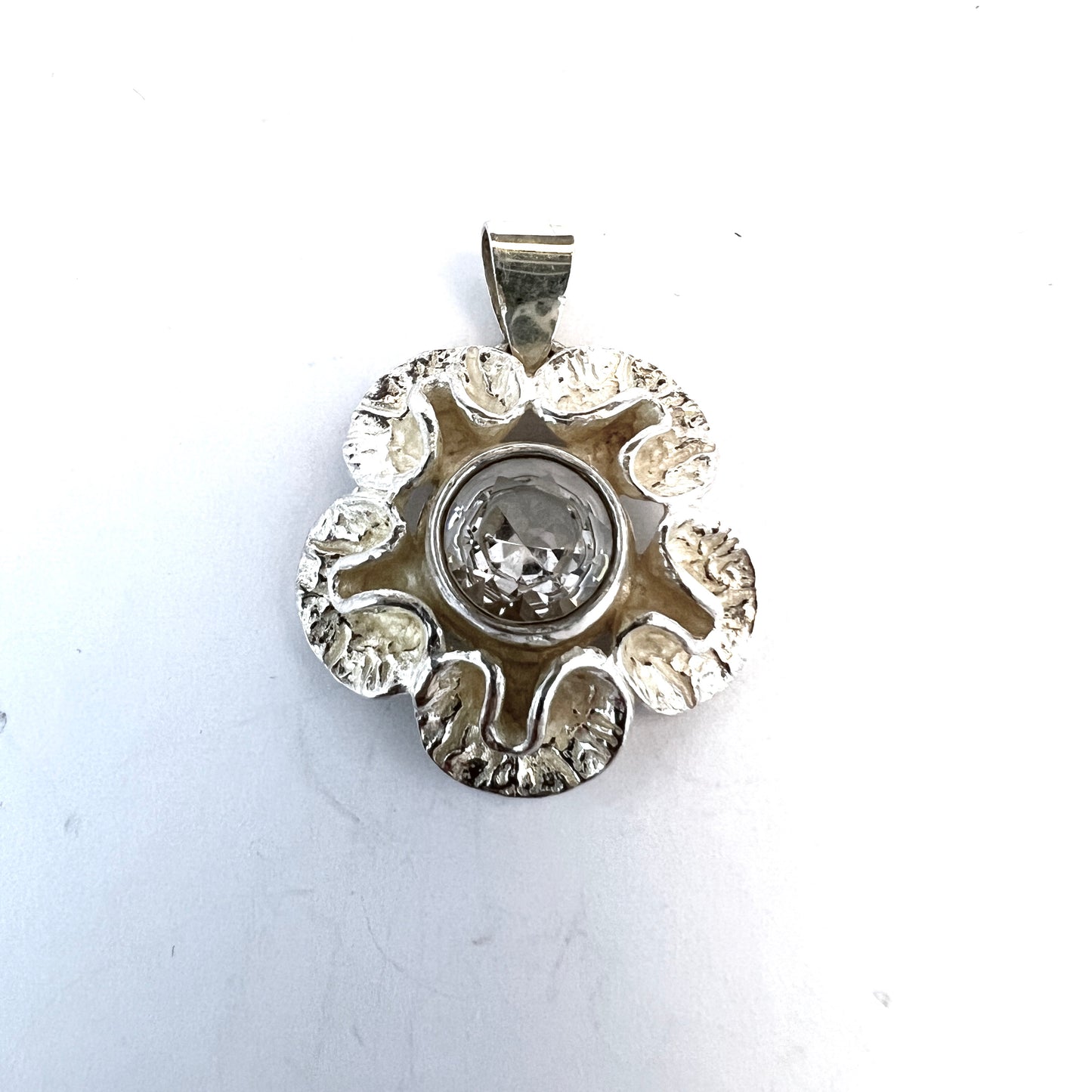 Theresia Hvorslev for MEMA, Sweden early 1970s. Sterling Silver Rock Crystal Pendant. Signed.