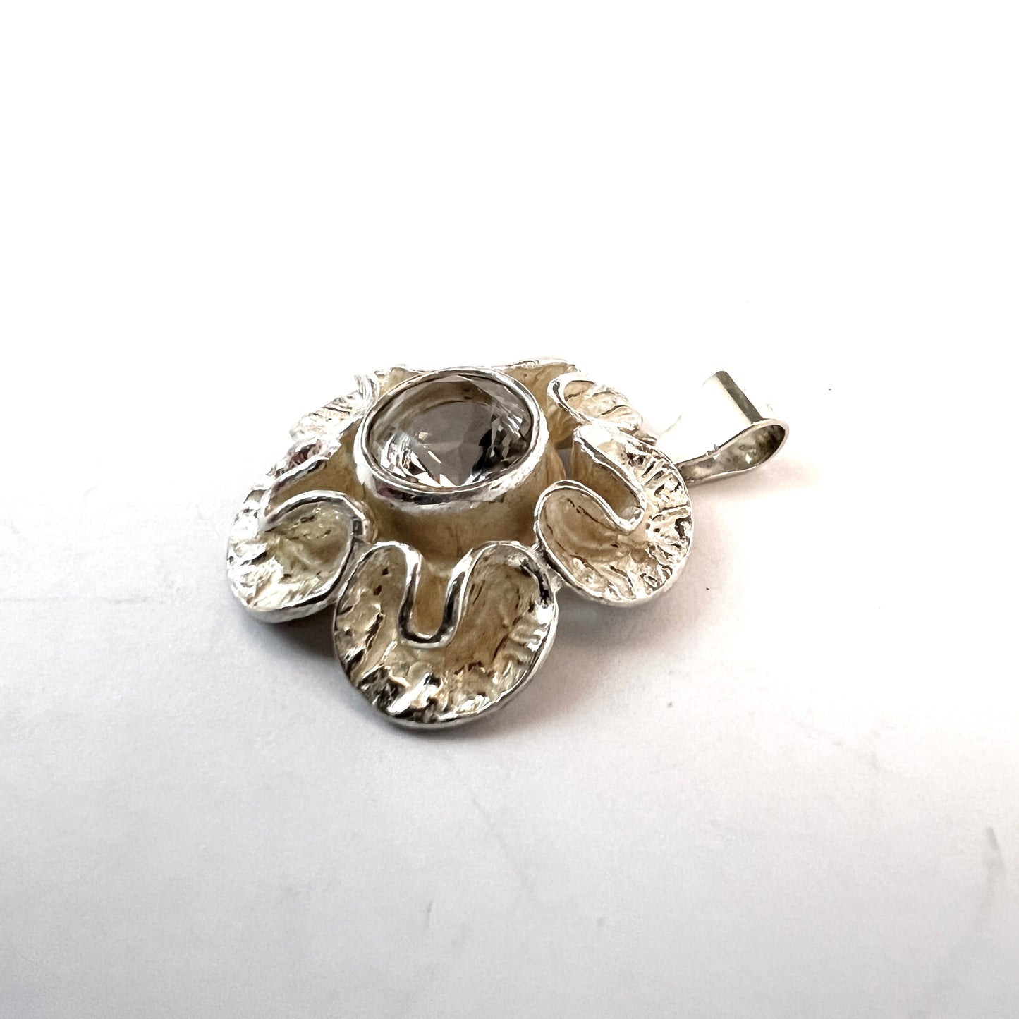 Theresia Hvorslev for MEMA, Sweden early 1970s. Sterling Silver Rock Crystal Pendant. Signed.