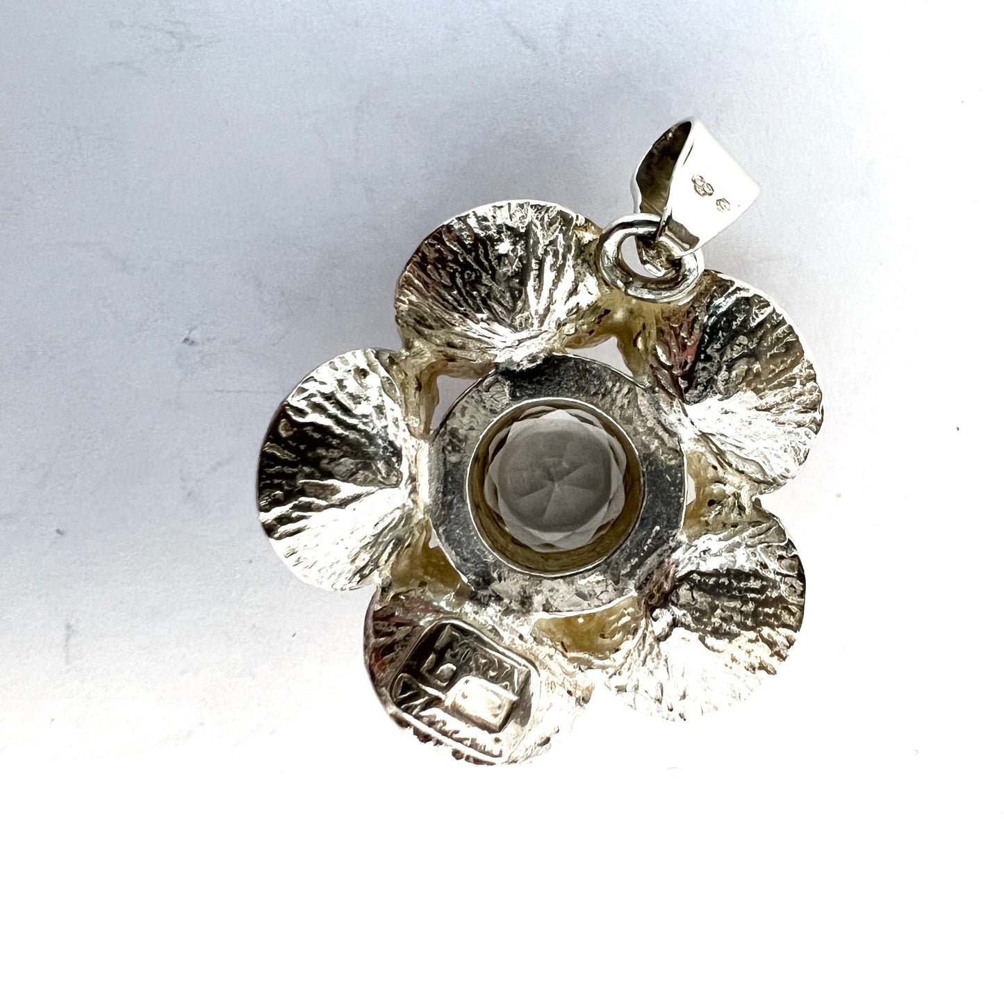 Theresia Hvorslev for MEMA, Sweden early 1970s. Sterling Silver Rock Crystal Pendant. Signed.