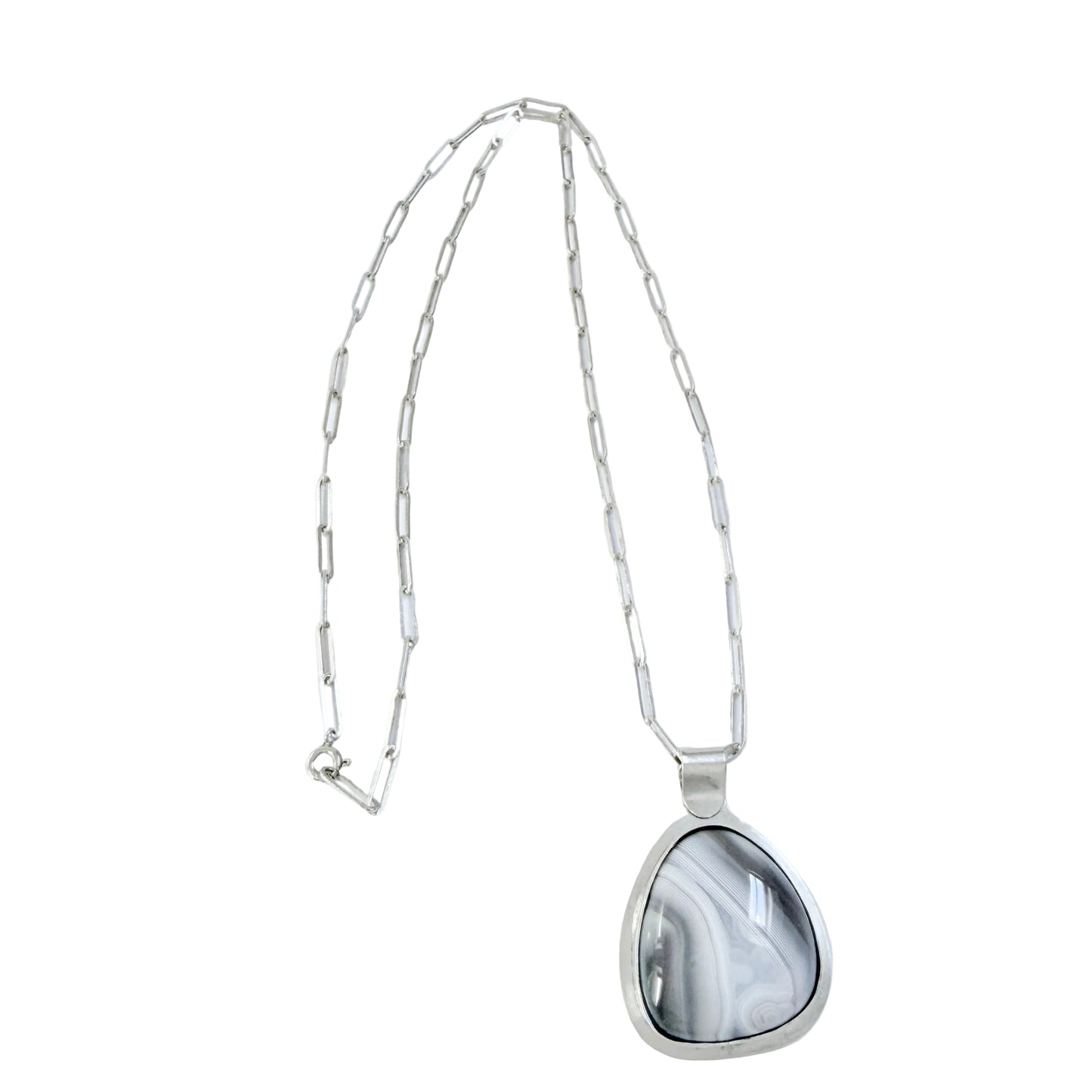 H Hänke, Sweden 1979. Vintage Sterling Silver banded Agate Pendant Long Chain Necklace.