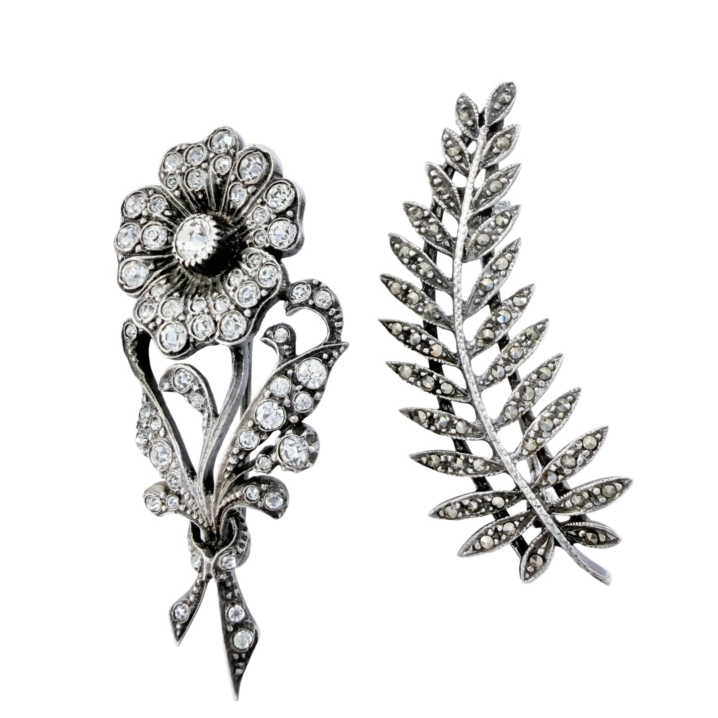 Two Vintage Silver Brooches. A Flower and a Leaf. 1950-60s