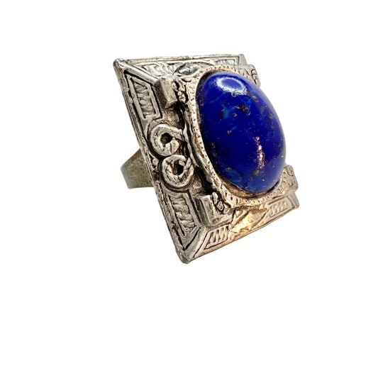 Vintage c 1970s. Bold Pewter Art Glass Ring.