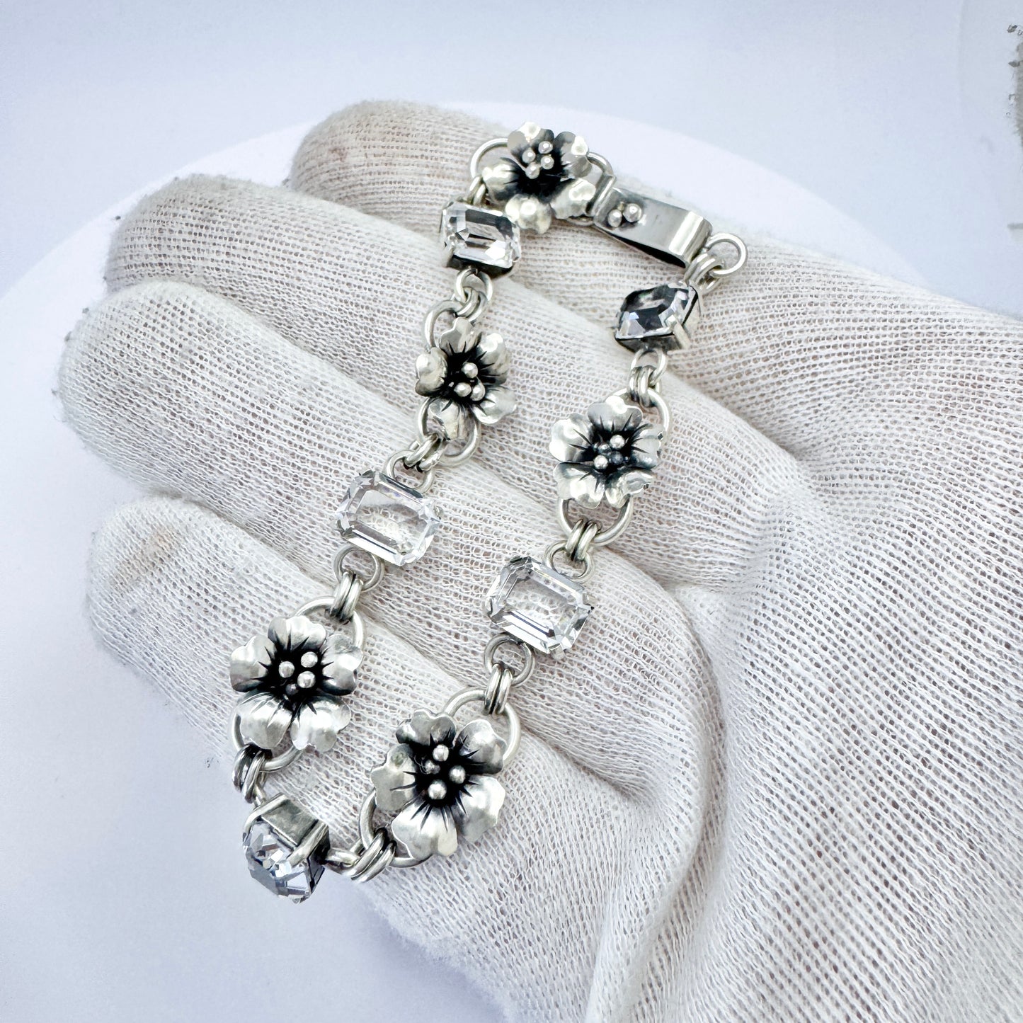 J Petersson, Sweden 1951. Vintage Solid Silver Rock Crystal bracelet.