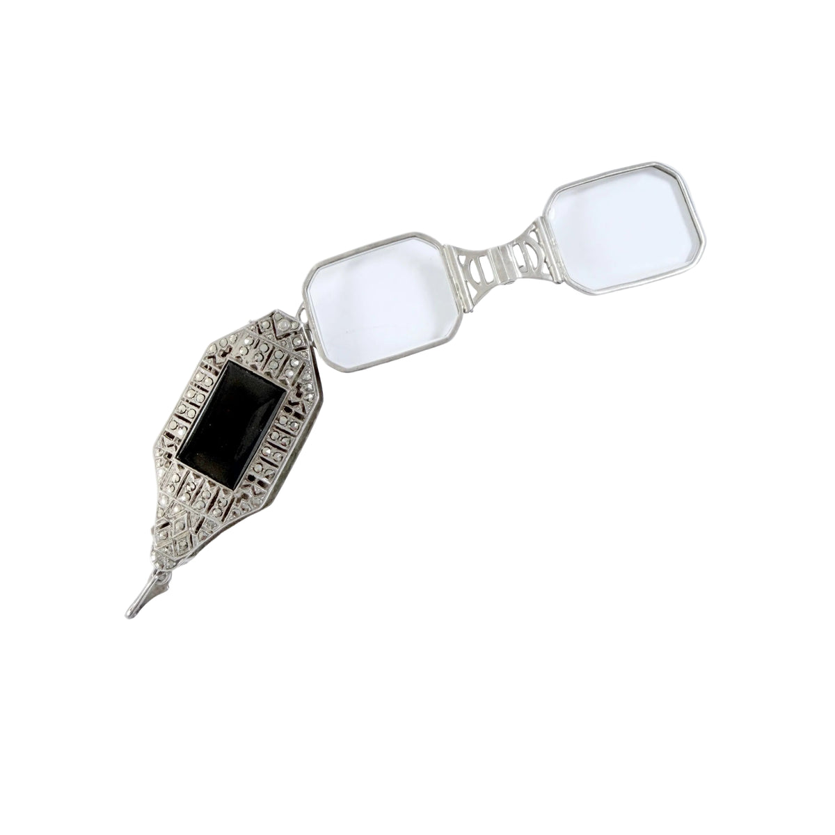 Art Deco c 1930. Solid 830 Silver Onyx Marcasite Lorgnette Pendant.