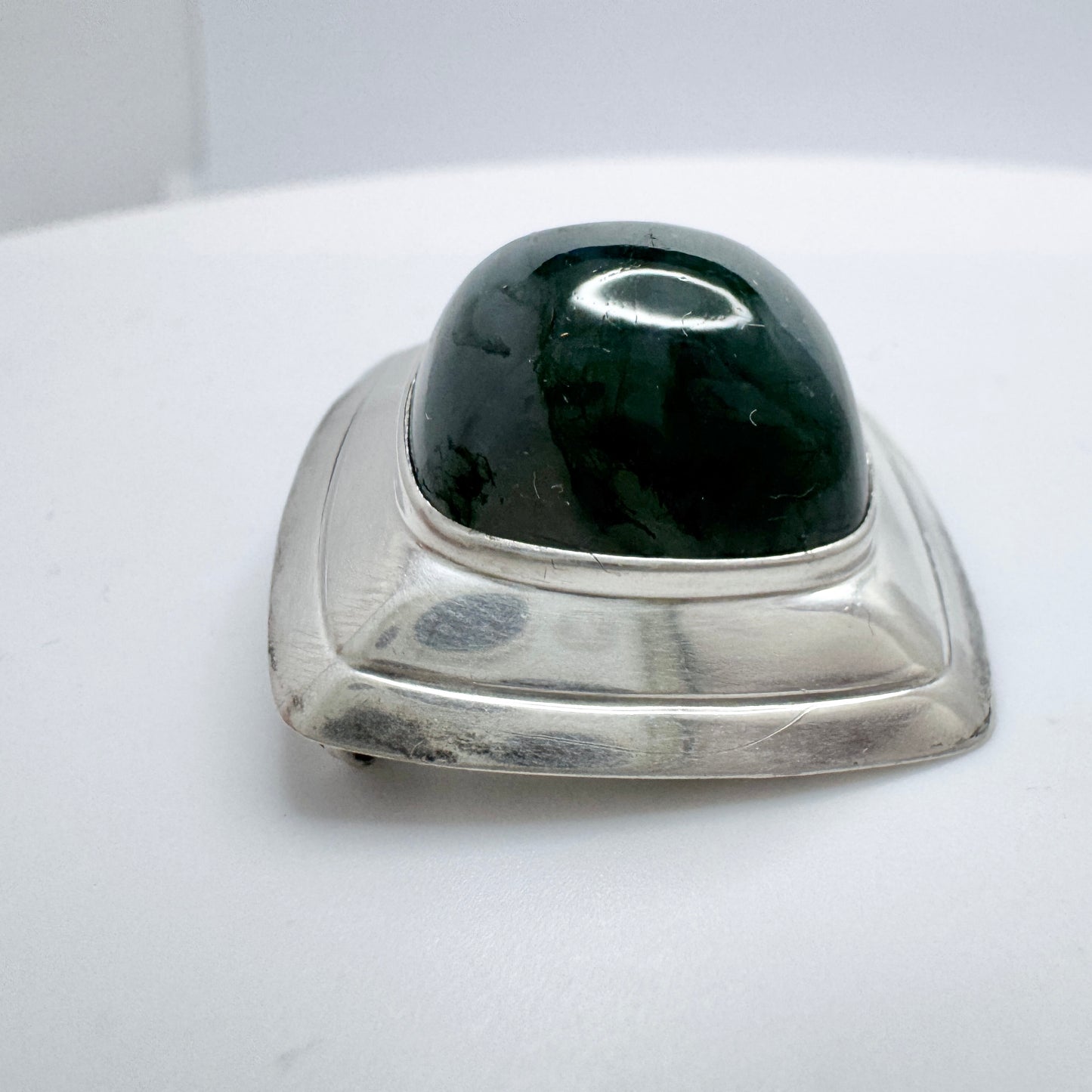 Vintage 1950-60s. Solid Silver Moss Agate Brooch.