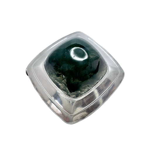 Vintage 1950-60s. Solid Silver Moss Agate Brooch.