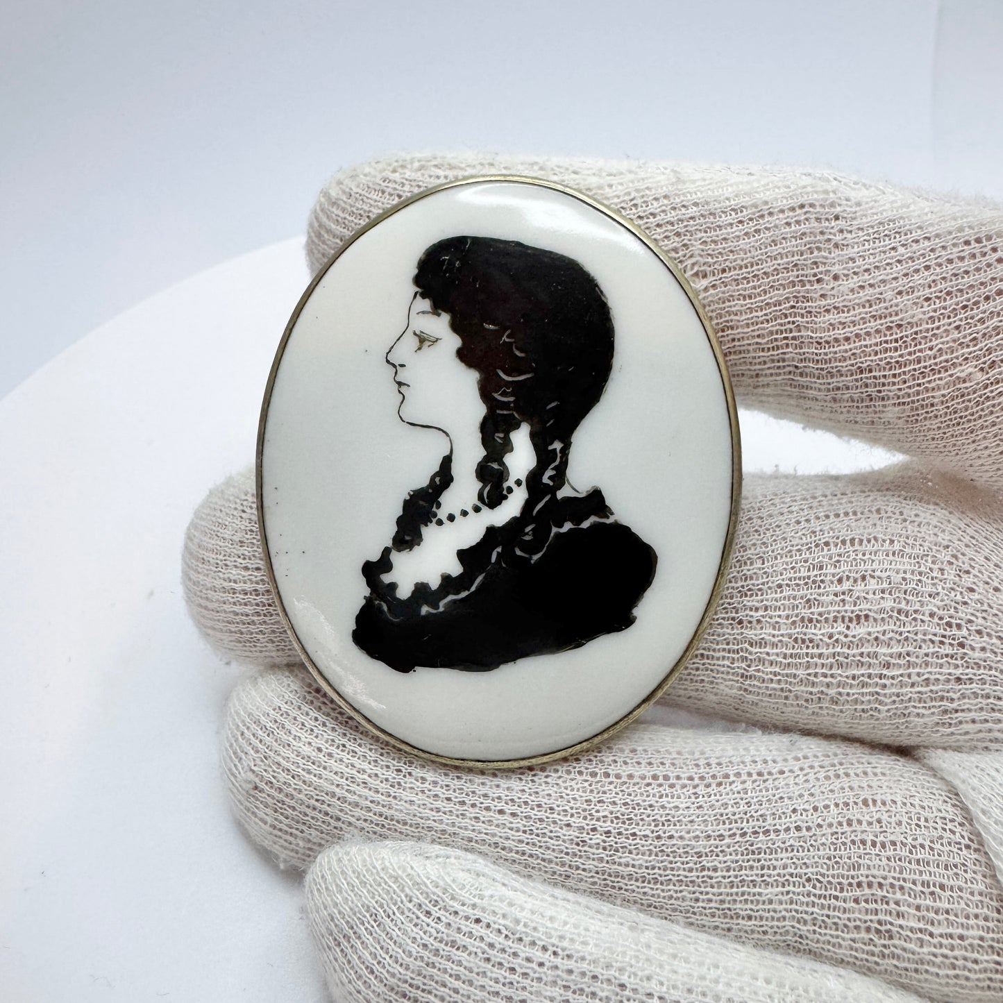 Carl L Nordström, Sweden 1918. Antique Silver Porcelain Portrait Brooch.