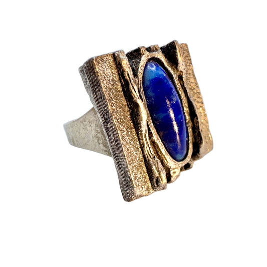 Bold Vintage Brutalist 1970s. Pewter Art Glass Ring