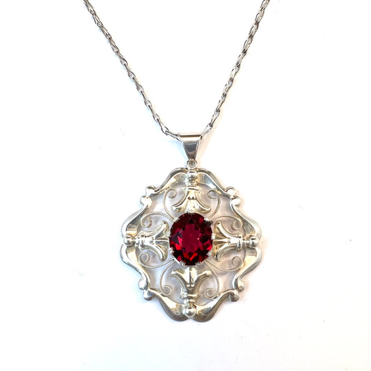 Victor Janson, Sweden 1948. Vintage Solid Silver Intense Red Paste Stone Pendant Necklace.