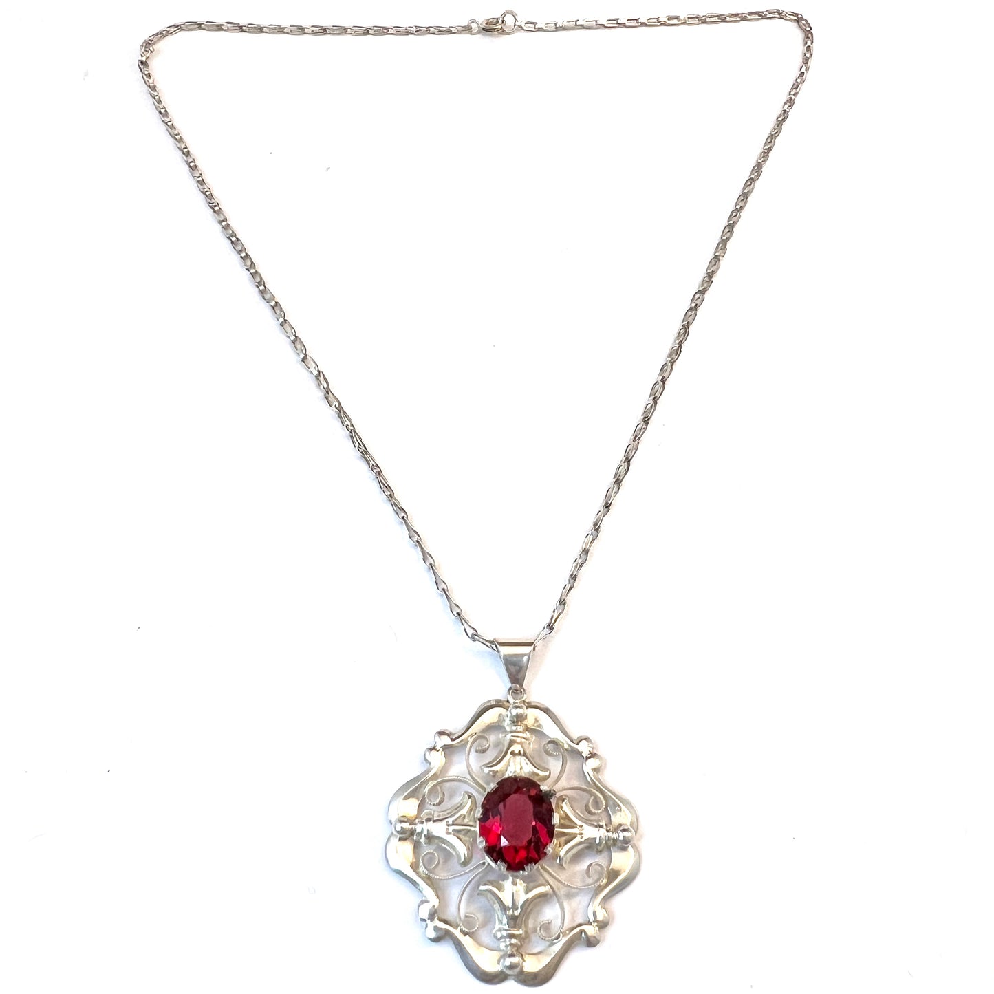 Victor Janson, Sweden 1948. Vintage Solid Silver Intense Red Paste Stone Pendant Necklace.