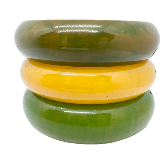 Vintage c 1940-50s Bakelite Early Plastic Bangles with Exhibition Provenance. Jade Green and Butterscotch Colour.