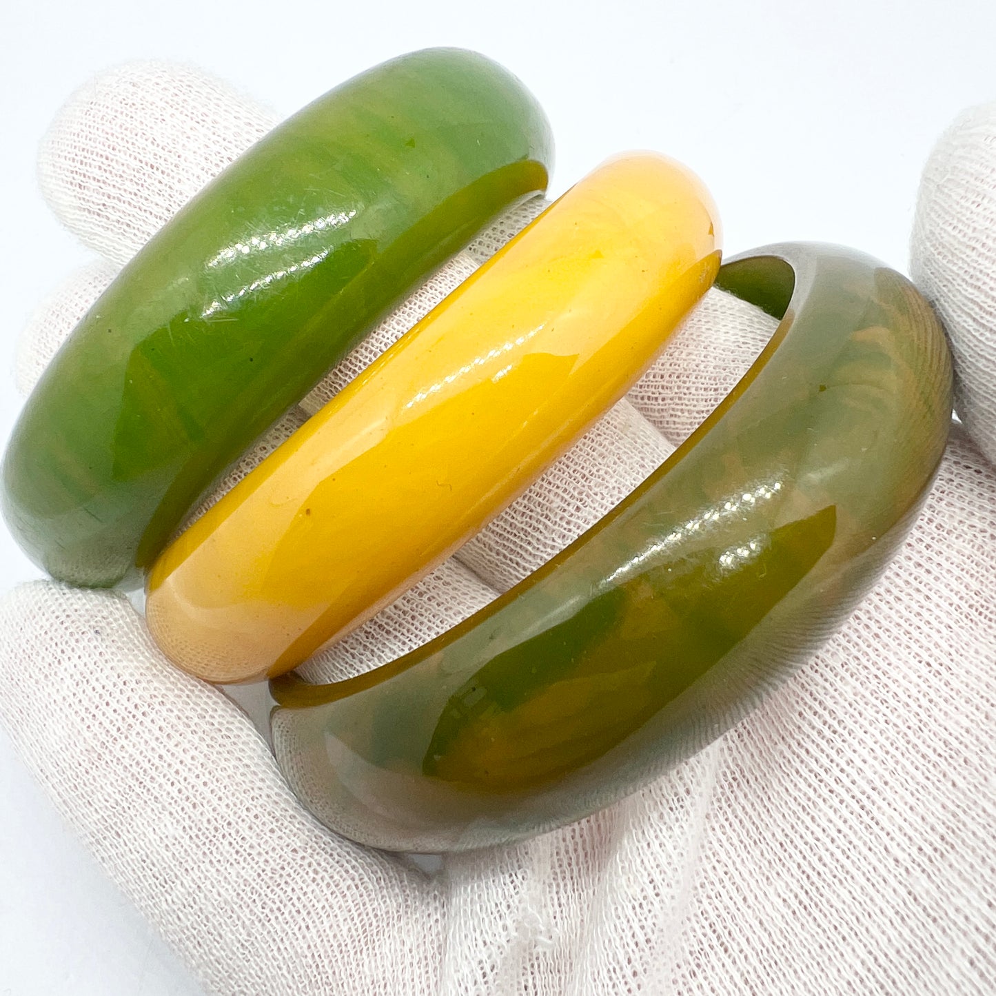 Vintage c 1940-50s Bakelite Early Plastic Bangles with Exhibition Provenance. Jade Green and Butterscotch Colour.