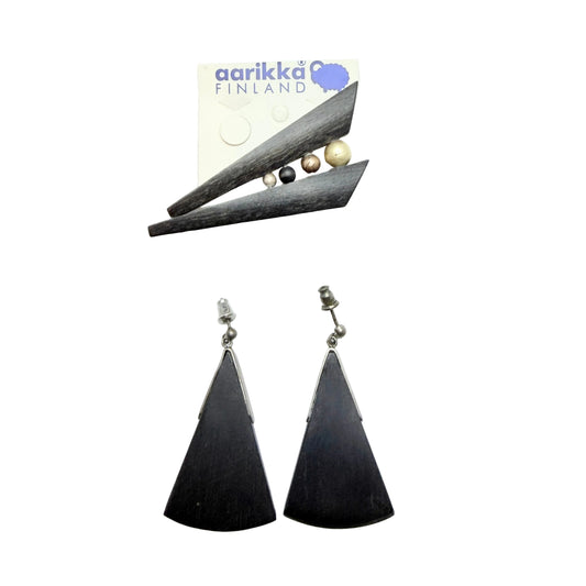 Aarikka, Finland. Vintage Wood Metal Earrings and Brooch.