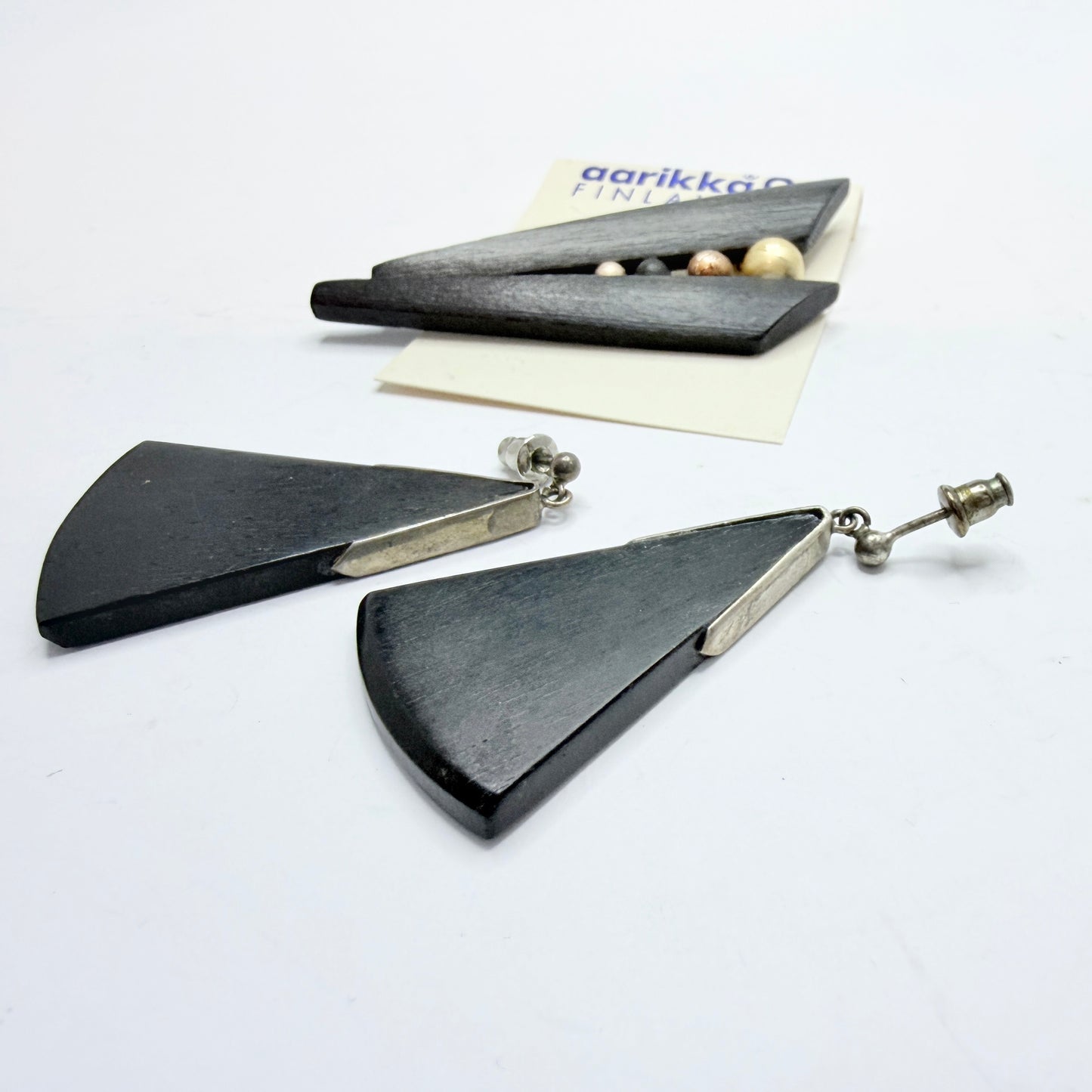 Aarikka, Finland. Vintage Wood Metal Earrings and Brooch.