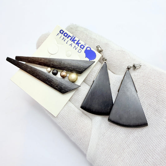 Aarikka, Finland. Vintage Wood Metal Earrings and Brooch.