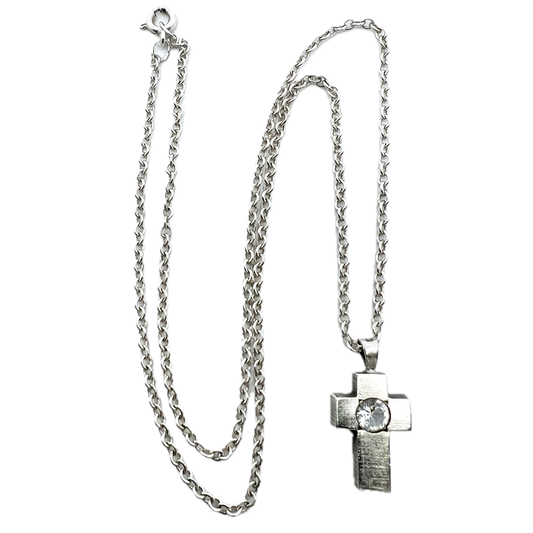 Finnfeelings, Finland Vintage Solid Silver Rock Crystal Cross Pendant Necklace.