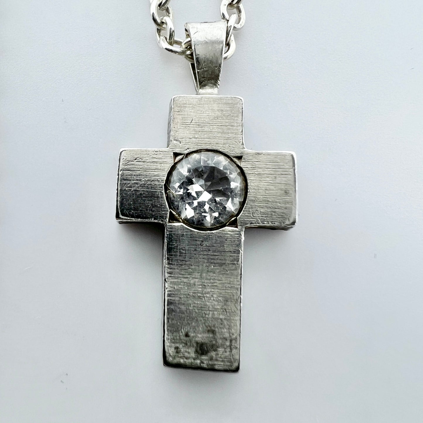 Finnfeelings, Finland Vintage Solid Silver Rock Crystal Cross Pendant Necklace.