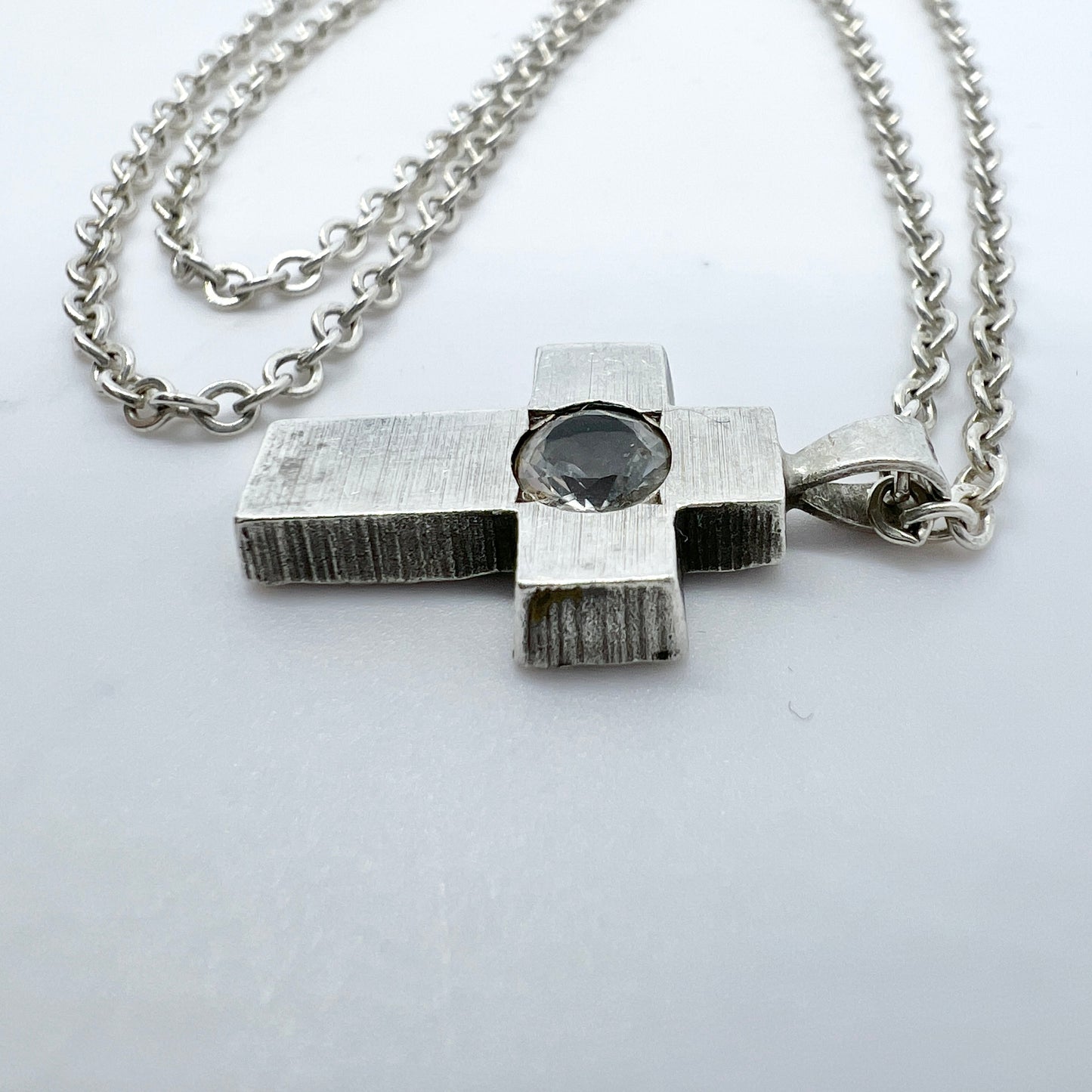 Finnfeelings, Finland Vintage Solid Silver Rock Crystal Cross Pendant Necklace.