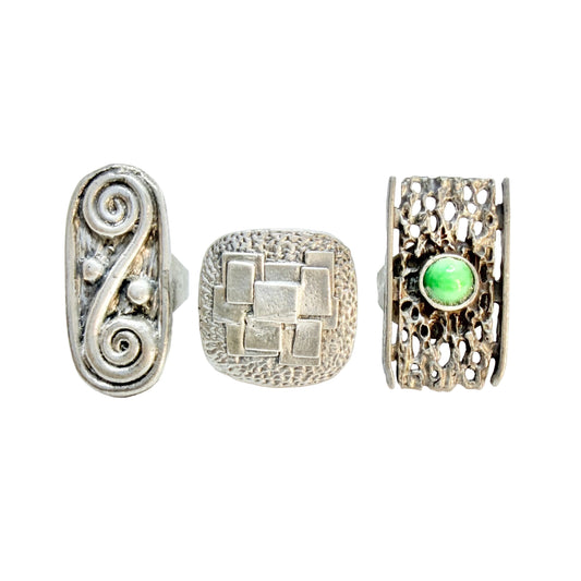 3 Vintage c 1970s Brutalist Mordernist Pewter Rings. Job-lot