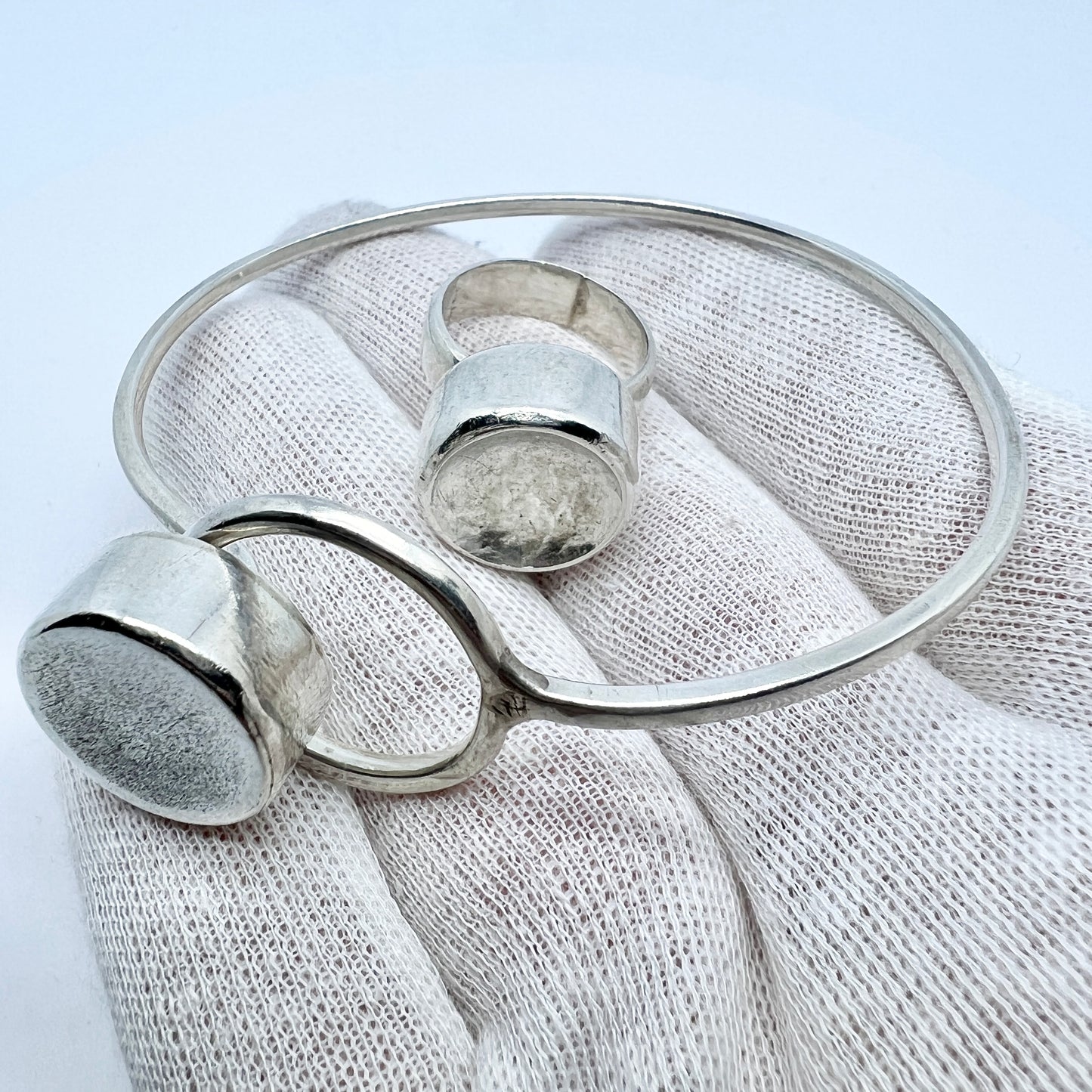 Asian, Vintage Modernist Sterling Silver Bracelet and Ring.