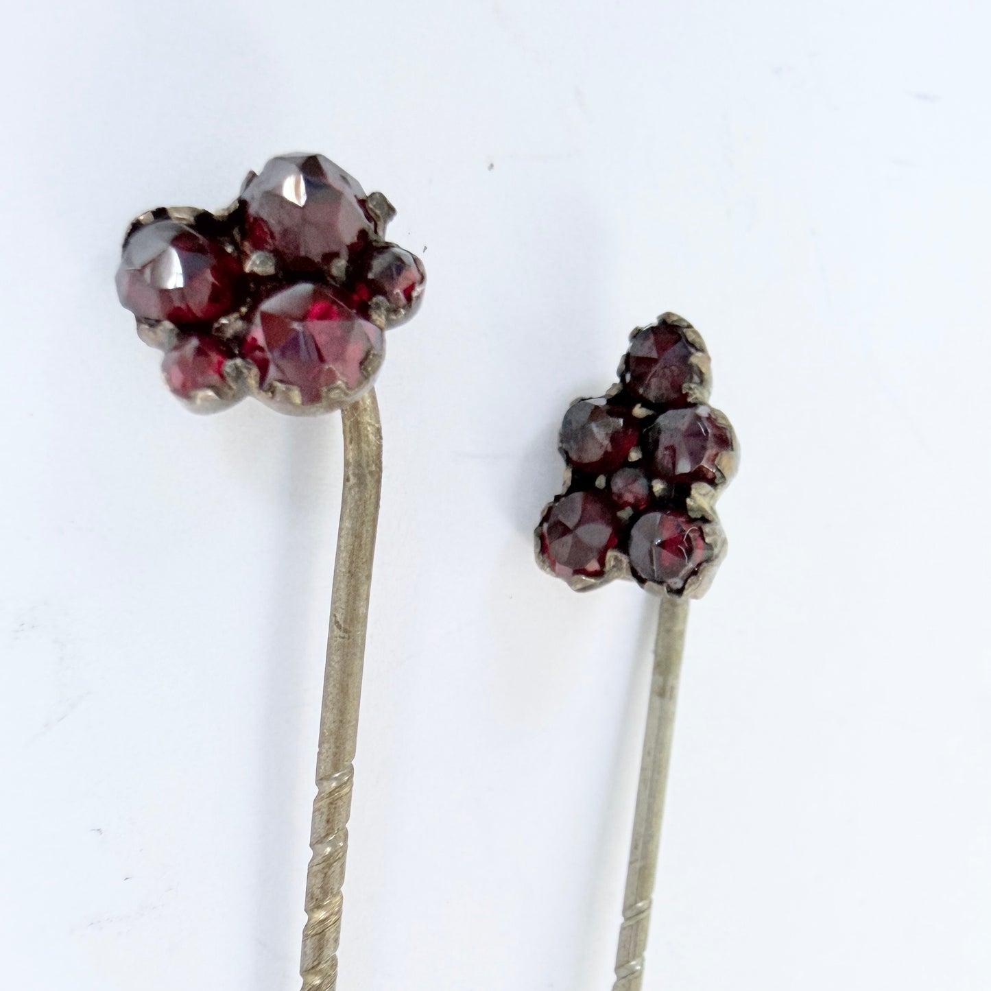 Two Antique Bohemian Garnet Gilt Metal Stick Pins Lapel Pins