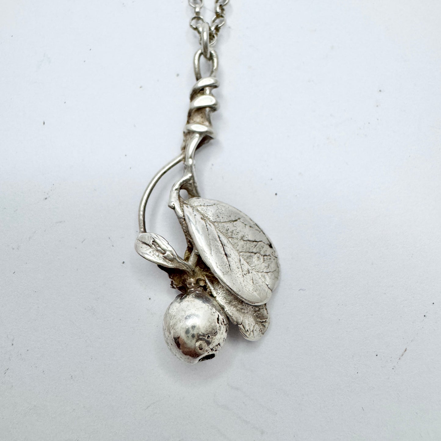 Vintage Sterling Silver Lingonberry Pendant Long Chain Necklace.