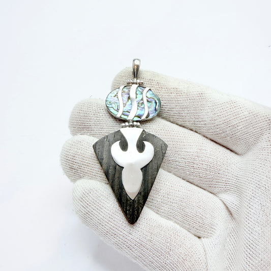 Vintage Sterling Silver Abalone Ebony Pendant.