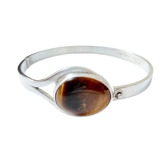 Victor Janson, Sweden 1965. Vintage Sterling Silver Tiger's Eye Hinged Bracelet.