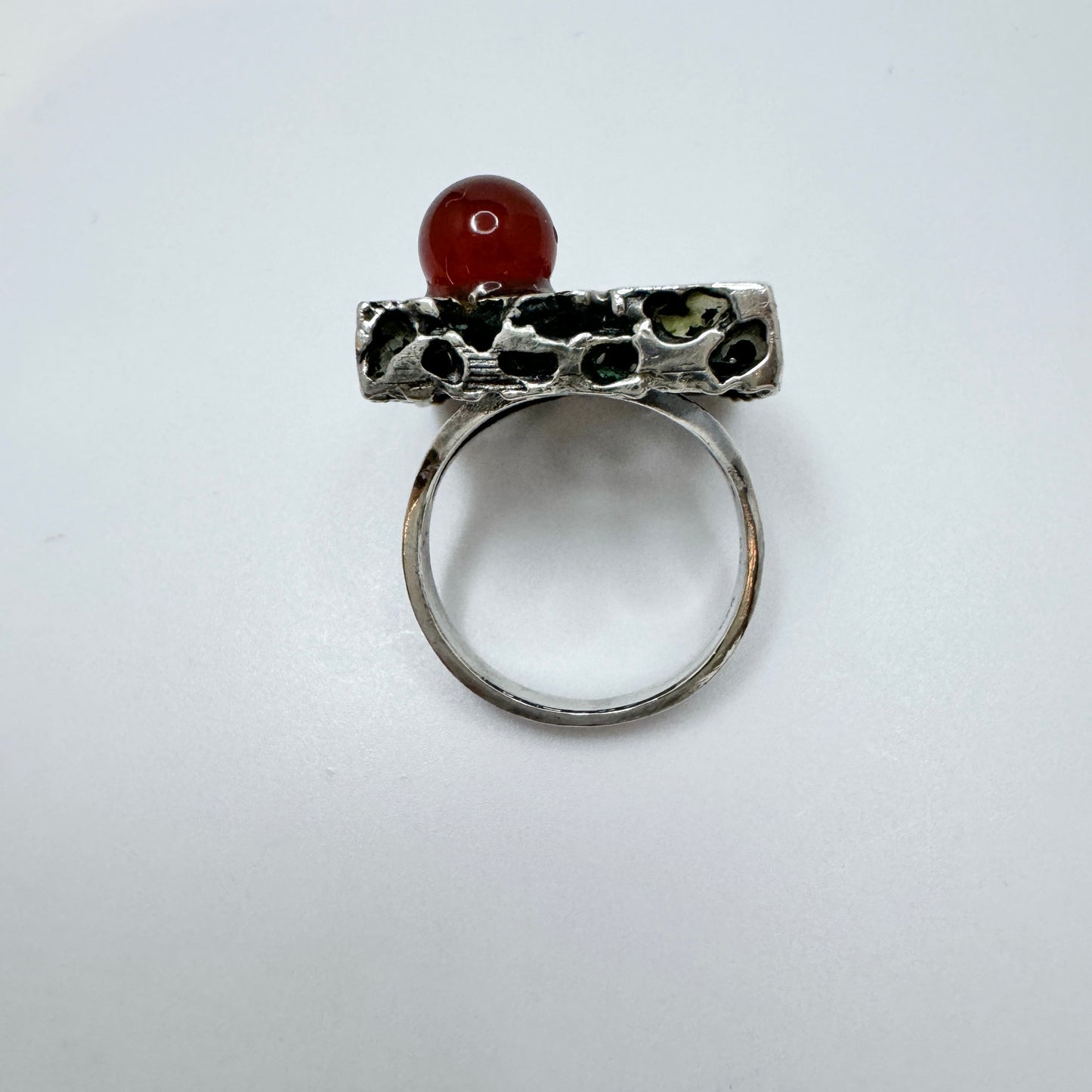 Maker CB. Vintage c 1970s Solid Silver Red Hardstone Ring.