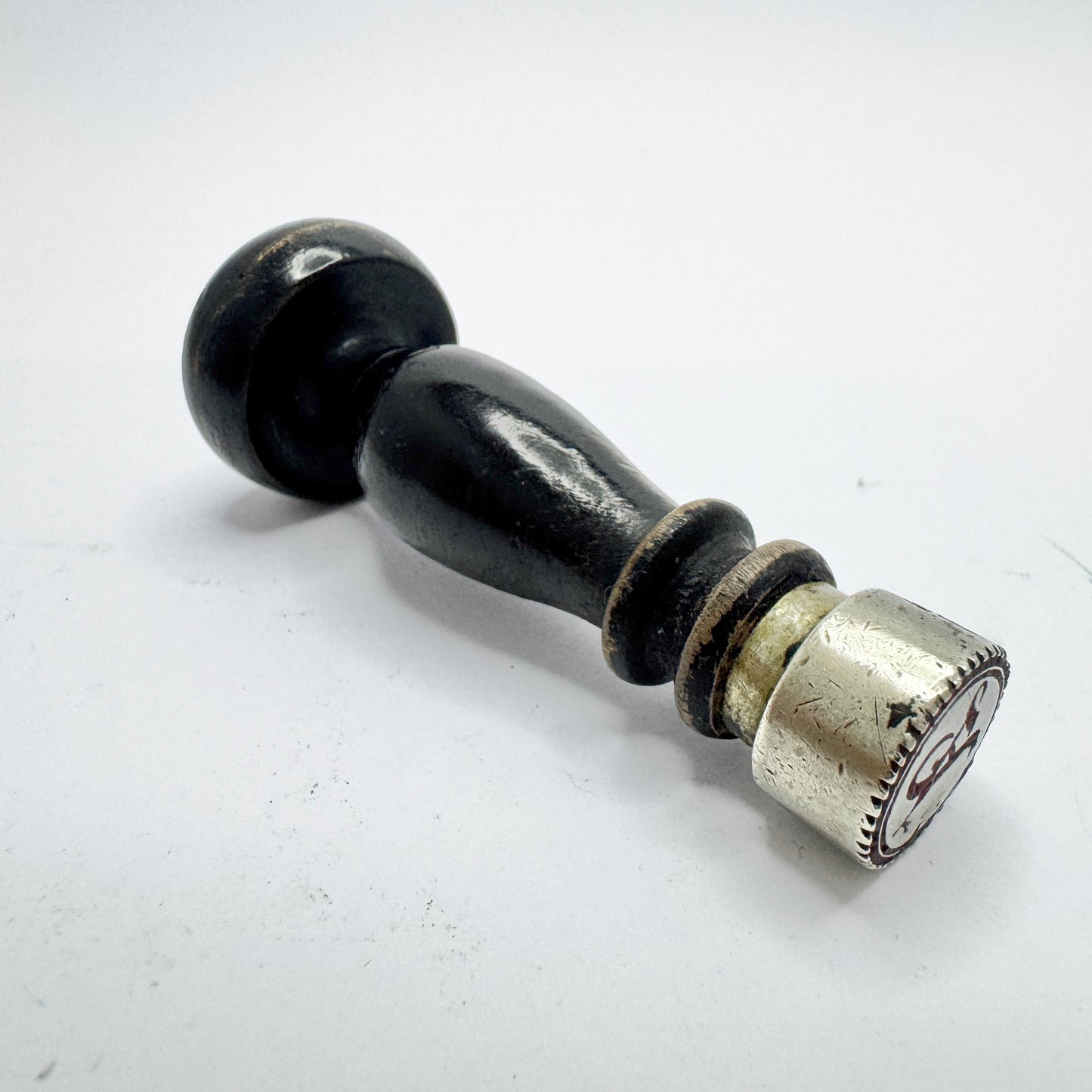 Malmö, Sweden late 1800s. Antique Silver Turned Wood Wax Seal Stamp. "A"