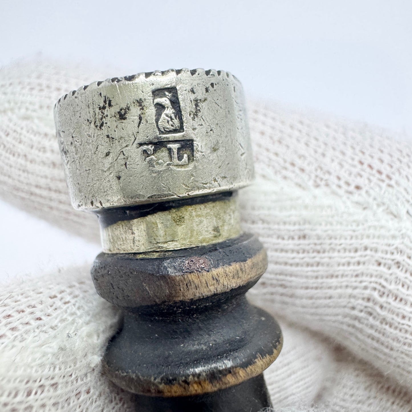 Malmö, Sweden late 1800s. Antique Silver Turned Wood Wax Seal Stamp. "A"