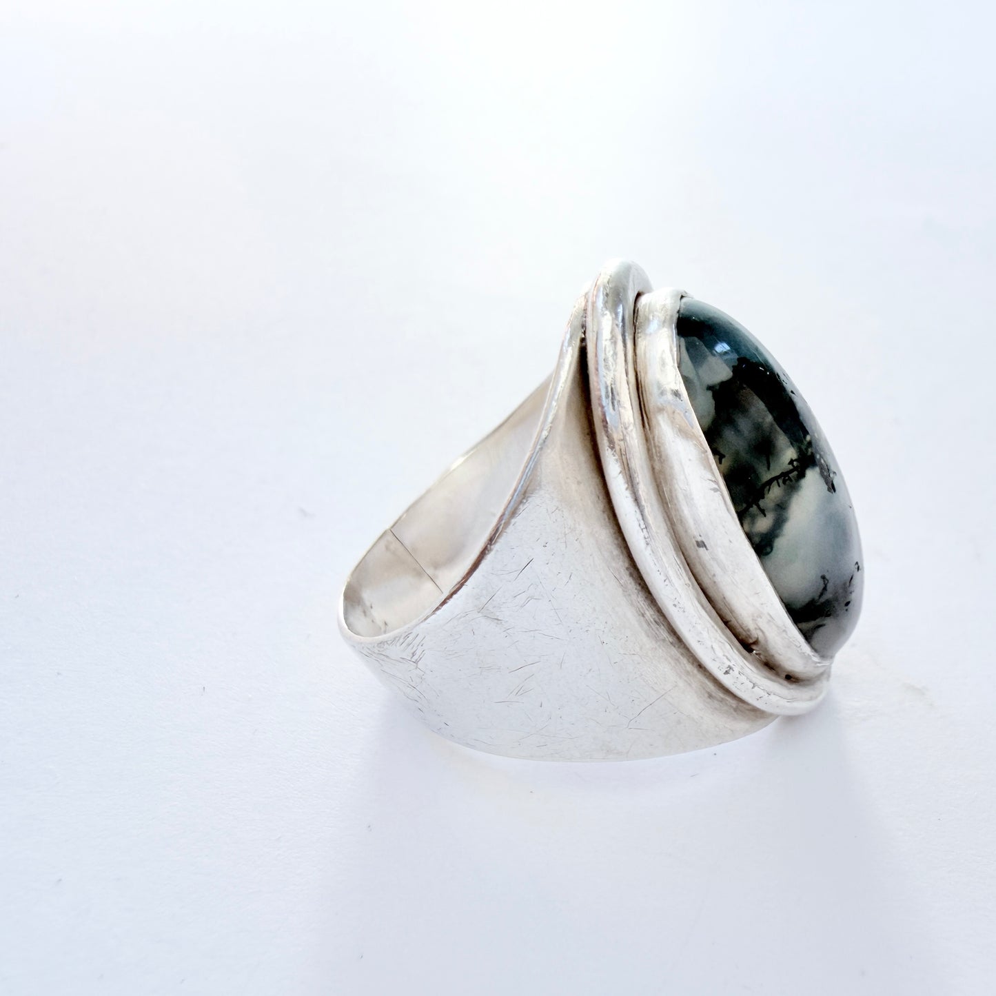 Alton, Sweden 1957. Vintage Solid Silver Moss Agate Ring. Pls read description.