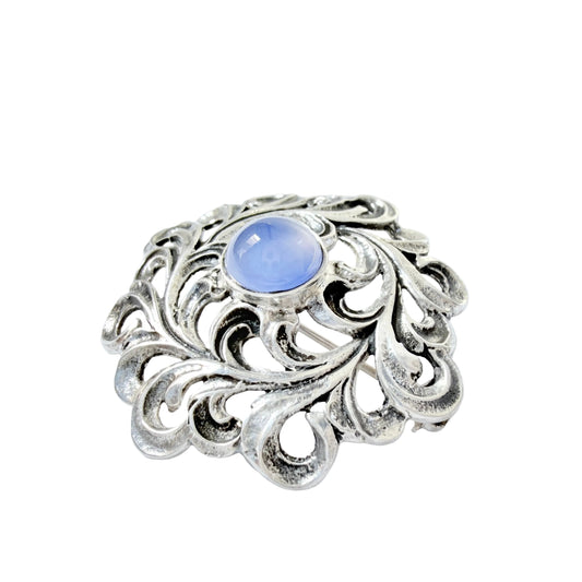 Vintage ca 1950s Solid Silver Chalcedony Brooch.