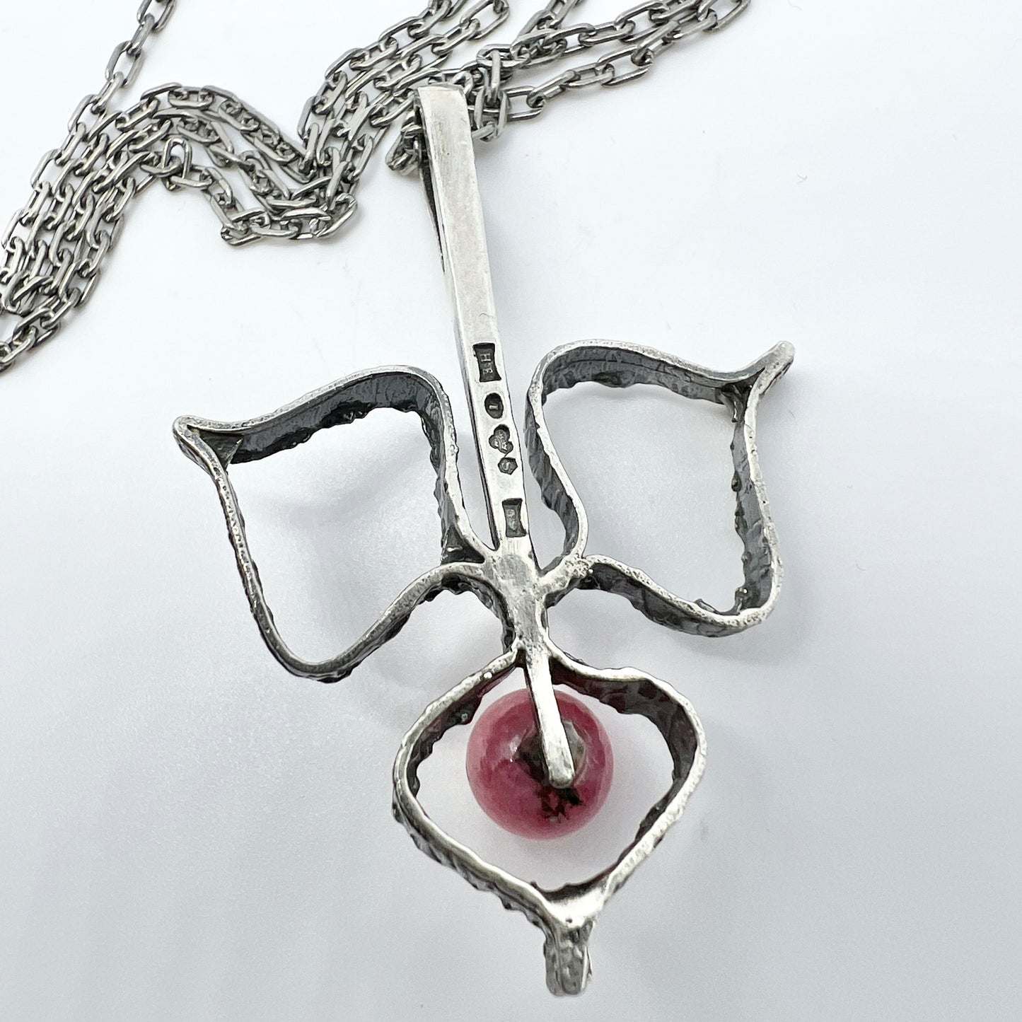 Heribert Engelbert, Sweden 1960s Vintage Modernist Sterling Silver Rhodonite Pendant Necklace.