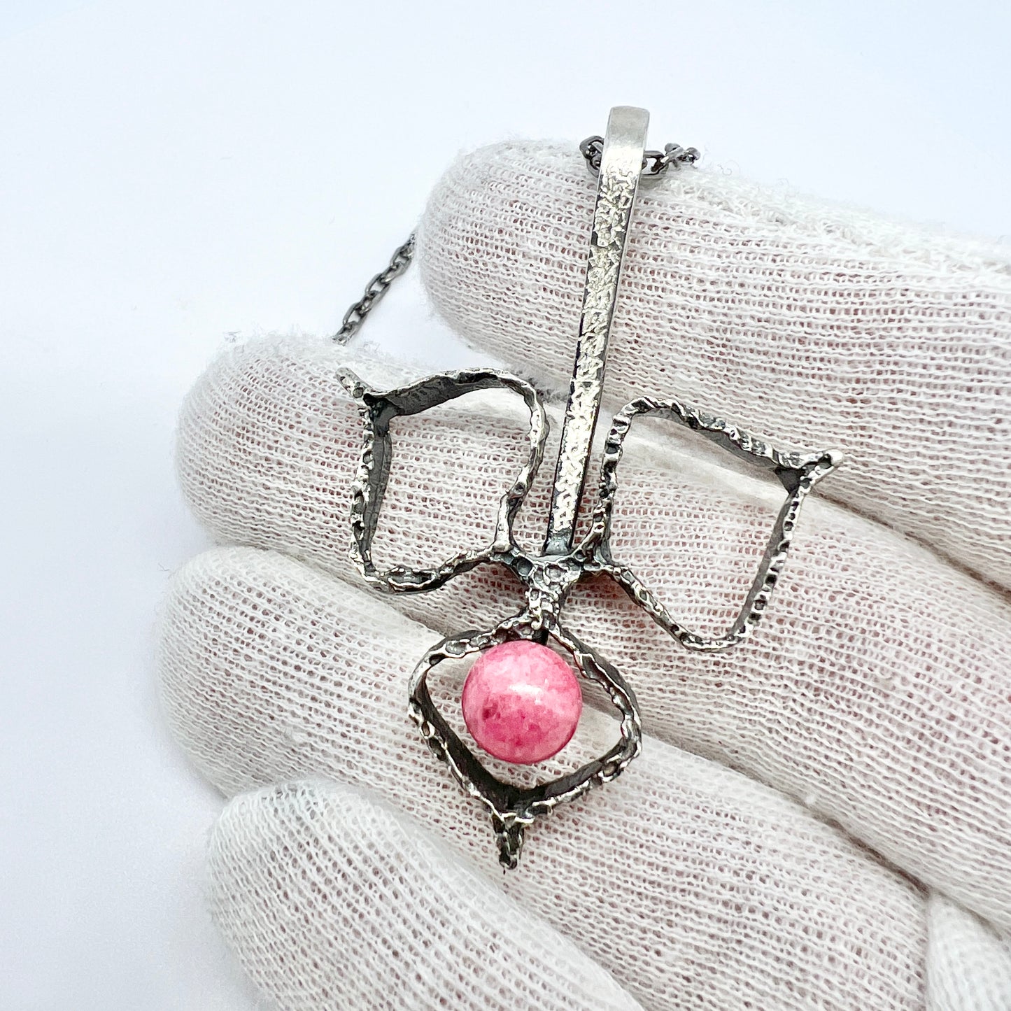 Heribert Engelbert, Sweden 1960s Vintage Modernist Sterling Silver Rhodonite Pendant Necklace.